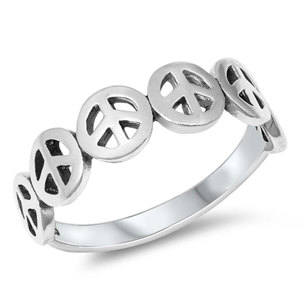 Sterling Silver Stylish Multiple Peace Sign Band Ring with Face Height of 6MM