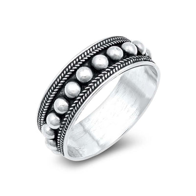 Sterling Silver Rope and Bead Design Bali Ring with Ring Face Height of 7MM