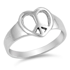 Sterling Silver Fancy Heart Peace Sign Ring with Face Height of 11MM