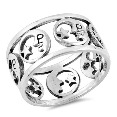 Sterling Silver Stylish Moon and Star Band Ring with Face Height of 12MM