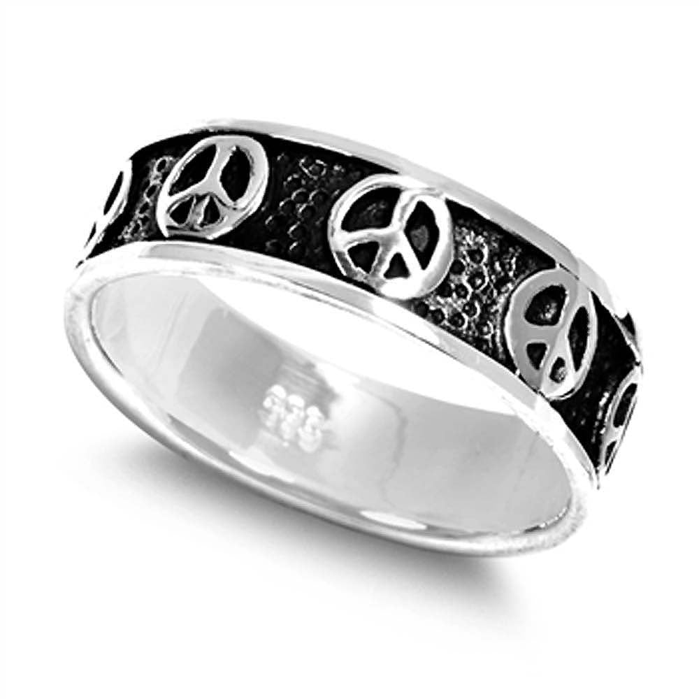 Sterling Silver Antique Style Multiple Peace Sign Band Ring with Face Height of 6MM
