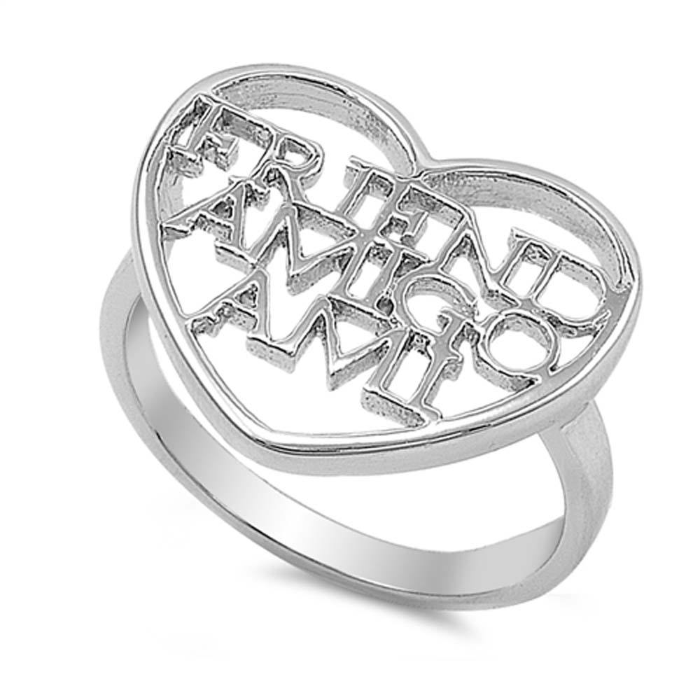 Sterling Silver Trendy Heart Ring with Cursive  FRIEND And  AMIGO And and  AMI  with Face Height of 17MM