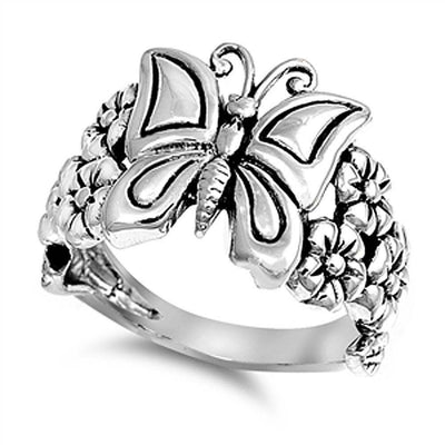 Sterling Silver Butterfly and Plumeria Shaped Plain Rings and Face Height 16mmAnd Band Width 3mm