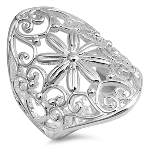 Sterling Silver Heart And Flower Shaped Plain RingsAnd Face Height 31mmAnd Band Width 4mm