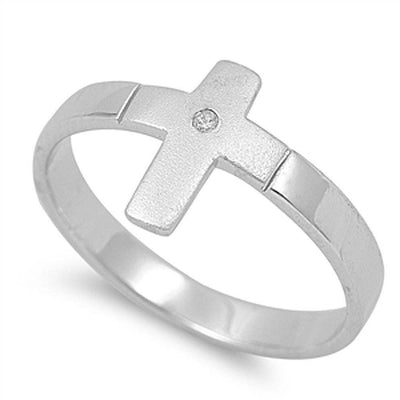 Sterling Silver Satin Finish Rhodium Plated Cross Shaped Plain Rings With Clear CZ stoneAnd Face Height 13mmAnd Band Width 3mm