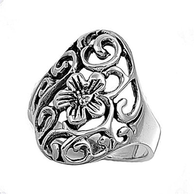 Sterling Silver Oxidized Flower And Vines Shaped Plain RingsAnd Face Height 24mmAnd Band Width 3mm