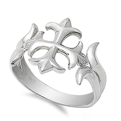Sterling Silver Fleur De Lis Cross Shaped Plain Ring, Face Height 17mm, Band Width 4mm