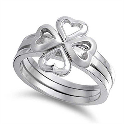 Sterling Silver Rhodium Plated Satin Heart Clover Shaped Plain RingsAnd Face Height 14mmAnd Band Width 5mm