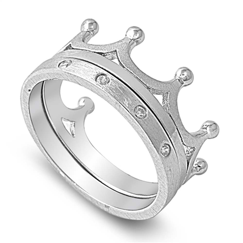 Sterling Silver Rhodium Plated Matte And Shiny Finish Crown Shaped Plain Rings With Clear CZAnd Face Height 10mm