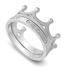 Load image into Gallery viewer, Sterling Silver Rhodium Plated Matte And Shiny Finish Crown Shaped Plain Rings With Clear CZAnd Face Height 10mm