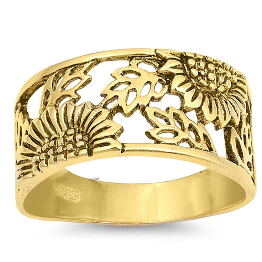 Sterling Silver Yellow Gold Plated Sunflower Shaped Plain RingsAnd Face Height 14mm