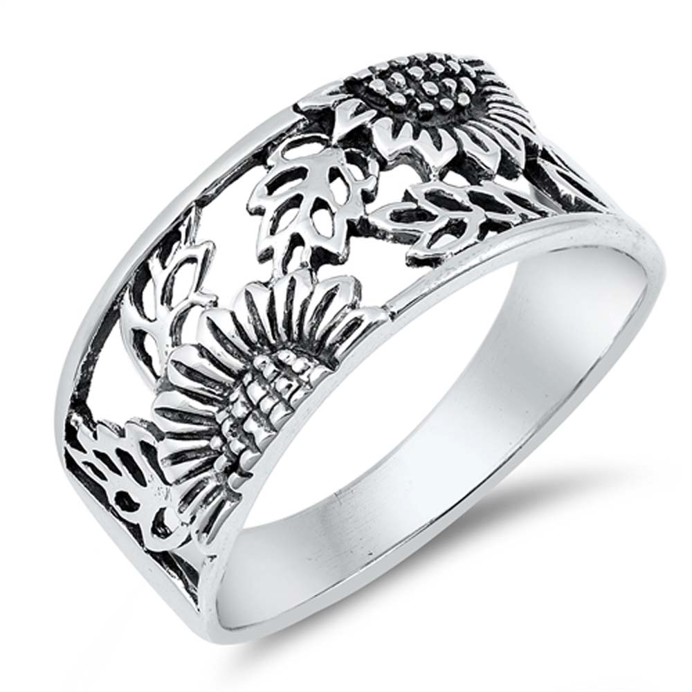 Sterling Silver Oxidize Sunflower Shaped Plain RingsAnd Face Height 14mm