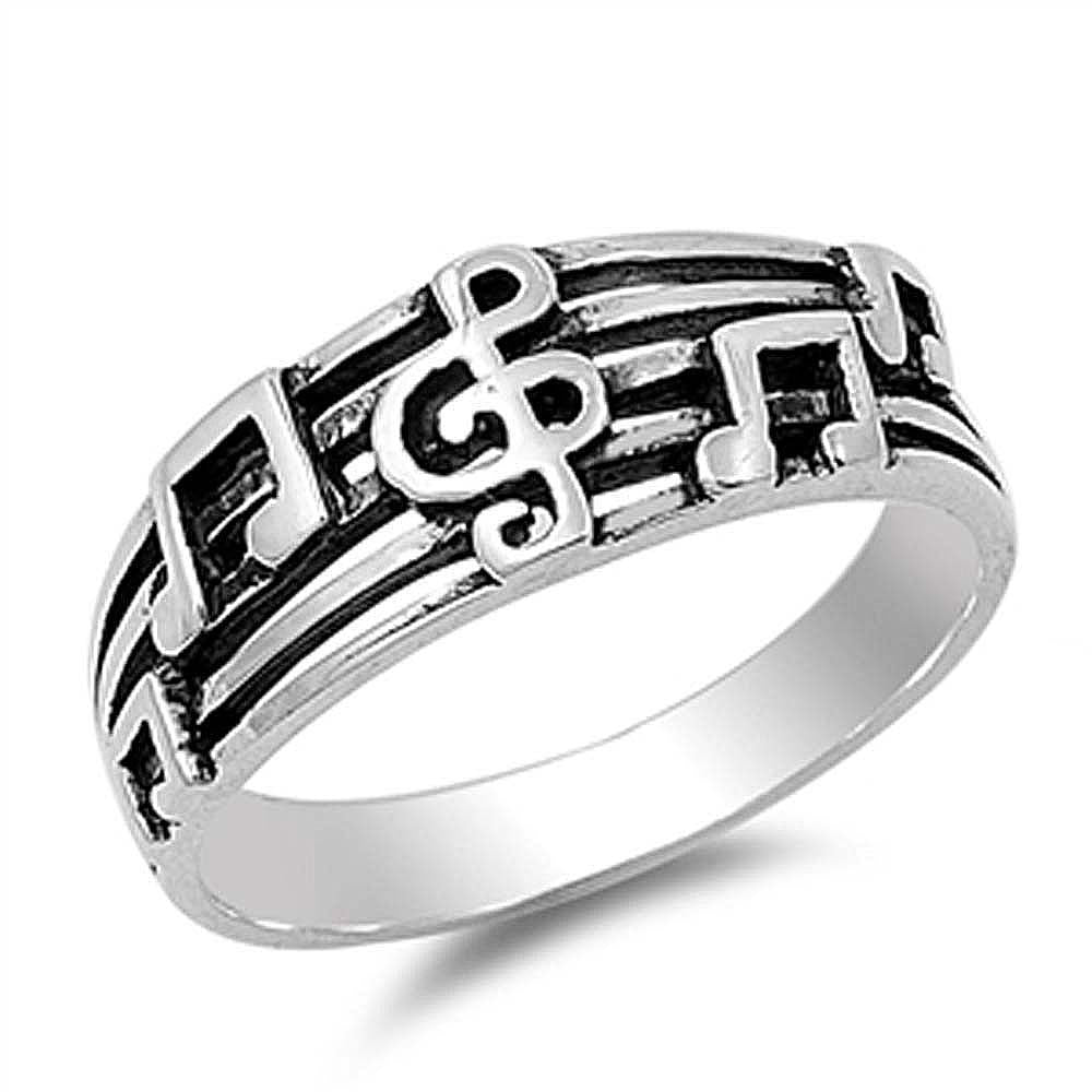 Sterling Silver Stylish Music Notes Design Ring with Face Height of 8MM