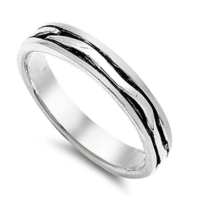 Sterling Silver Modish Carved Black Line Design Ring with Band Width of 4MM