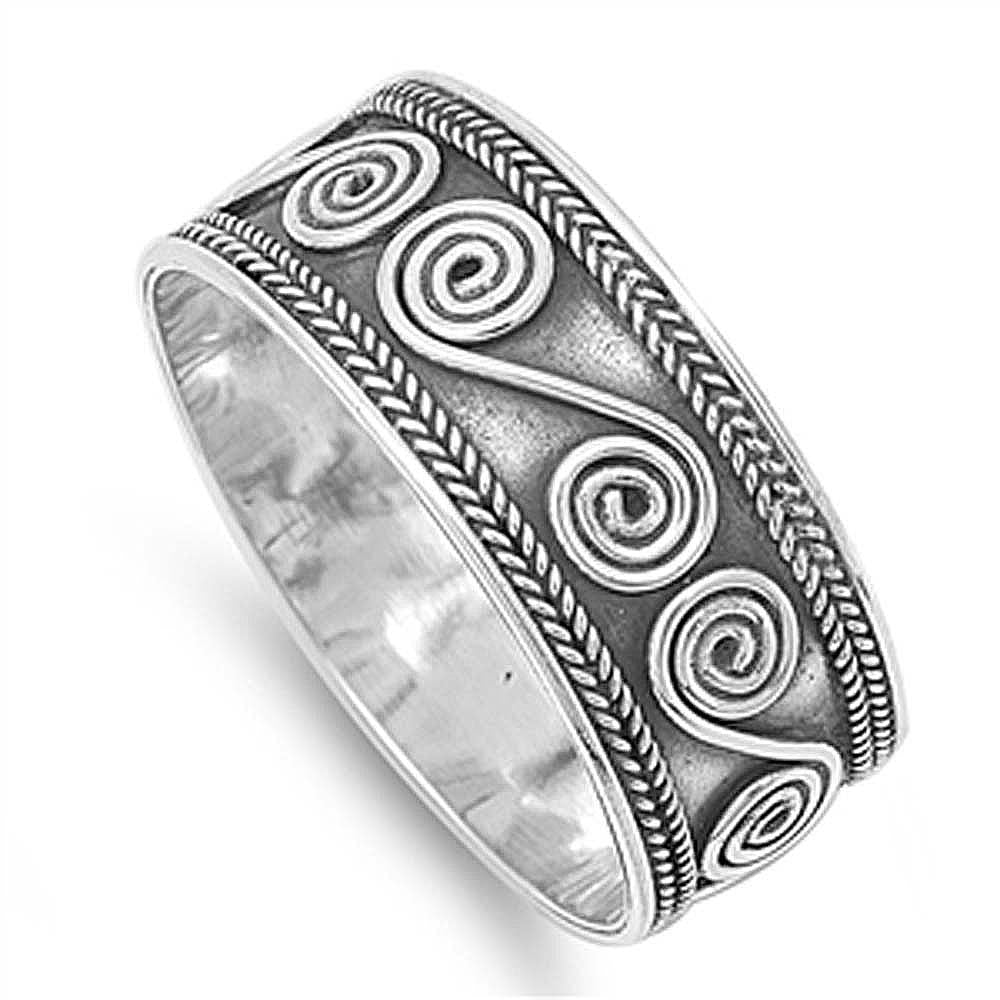 Sterling Silver Modish Antique Style Bali Swirl and Rope Design Ring with Band Width of 9MM