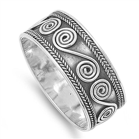 Sterling Silver Modish Antique Style Bali Swirl and Rope Design Ring with Band Width of 9MM
