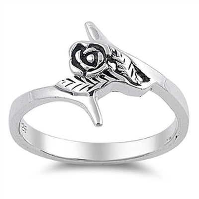 Sterling Silver Trendy Rose with Leaves Design Ring with Face Height of 15MM