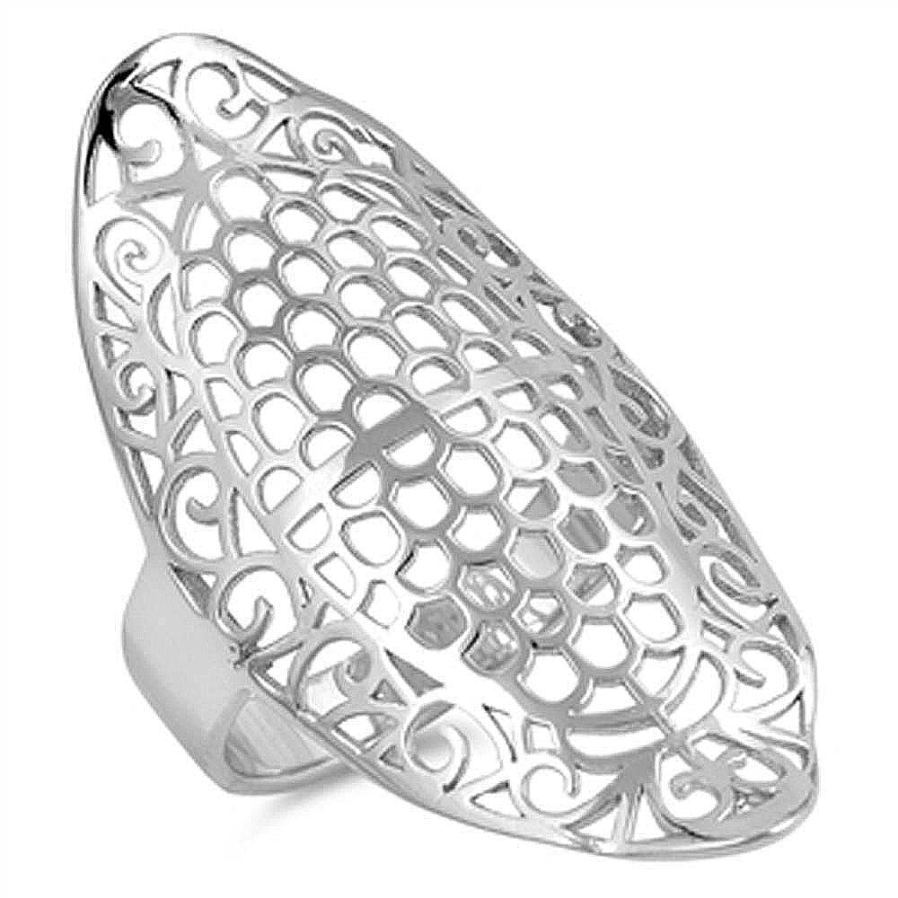 Sterling Silver Stylish Oval Filigree Accented Ring with Face Height of 40MM