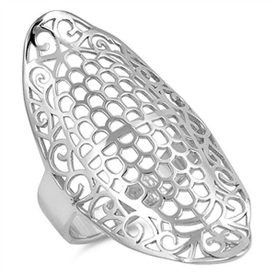 Sterling Silver Stylish Oval Filigree Accented Ring with Face Height of 40MM