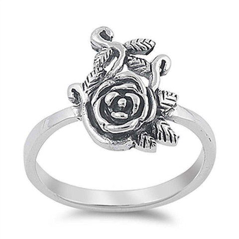 Sterling Silver Trendy Rose with Leaves Design Ring with Face Height of 15MM