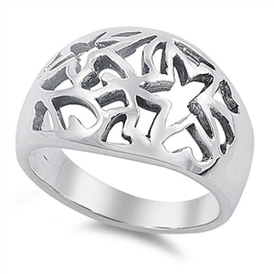 Sterling Silver Fancy Modish Open Cut Star Wide Band Ring with Face Height of 14MM