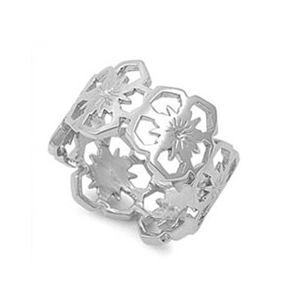 Sterling Silver Fancy Open Cut Flower Design Band Ring with Band Width of 12MM