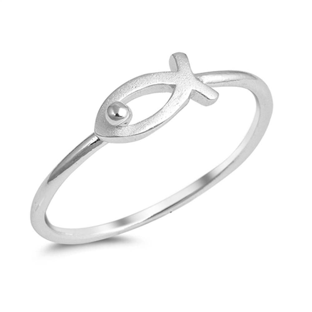 Sterling Silver Rhodium Plated Christian Fish Ring with Ring Face Height of 5MM
