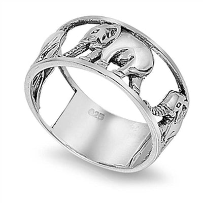 Sterling Silver Marching Triple Elephant Ring with Band Width of 10MM
