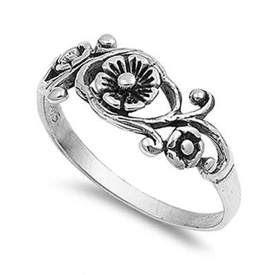 Sterling Silver Fancy Flower and Vine Design Ring with Face Height of 7MM