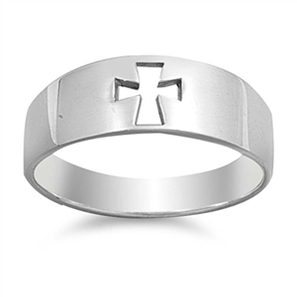 Sterling Silver PlainT Thick Band with Open Cut Cross RingAnd Face Height of 7MM
