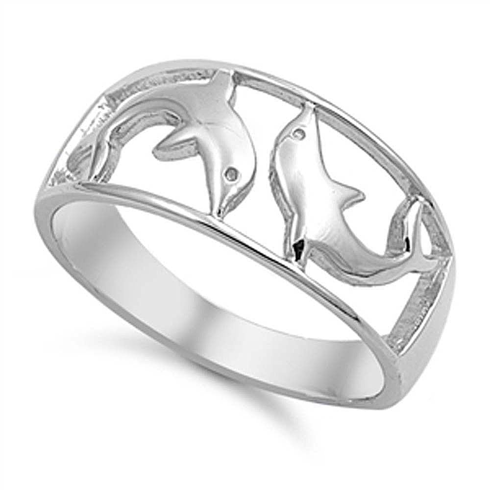 Sterling Silver Fancy Double Dolphin Design Ring with Face Height of 9MM
