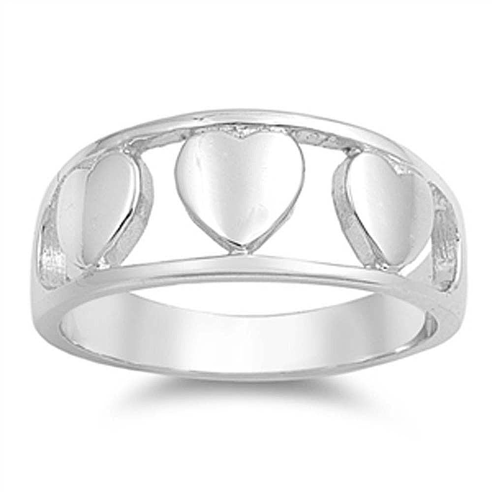Sterling Silver Solid Plain Triple Heart Band Ring with Face Height of 9MM