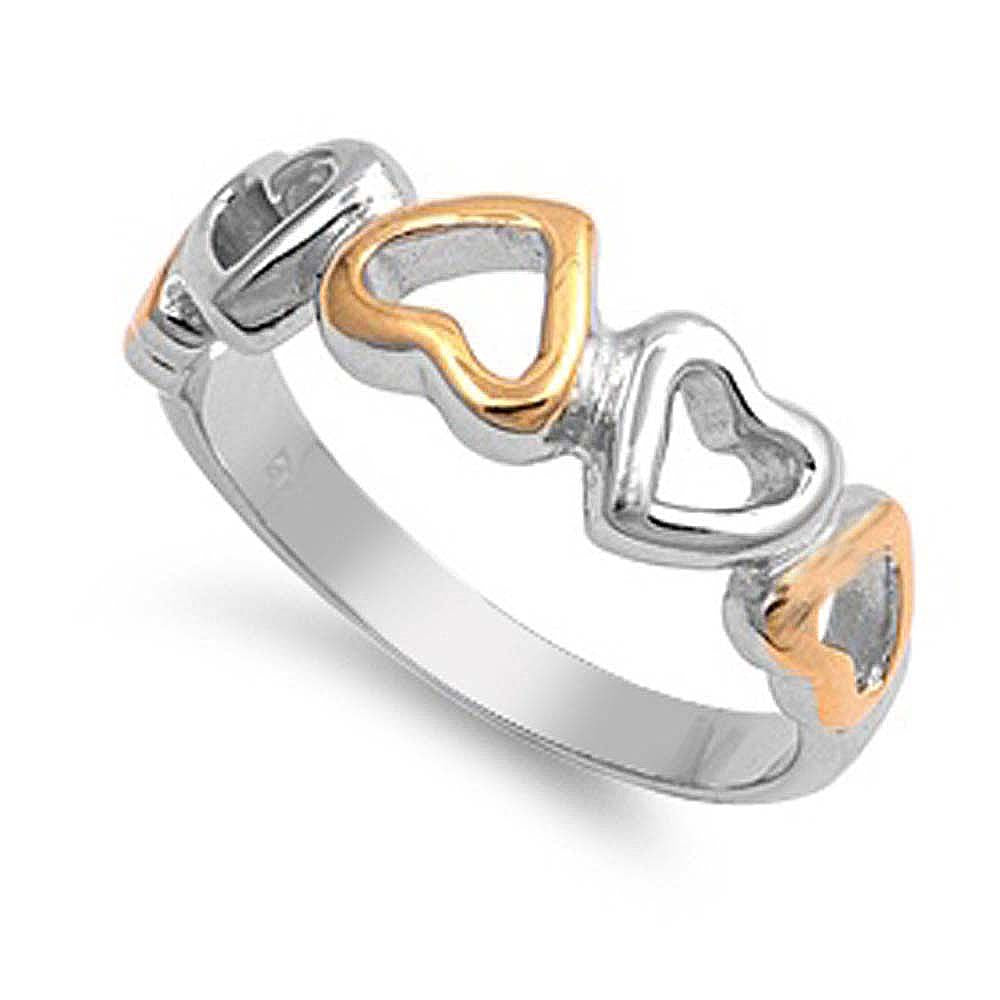 Sterling Silver Trendy Open Cut Heart with Gold Plated Heart Two Tone RingAnd Face Height of 7MM