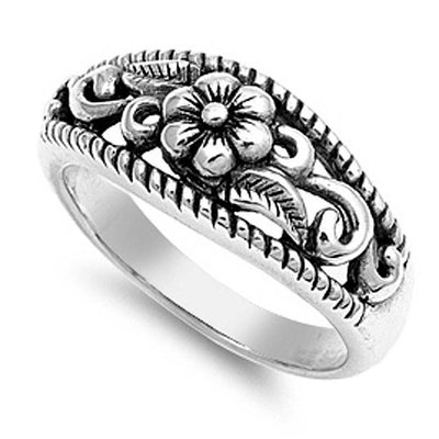 Sterling Silver Vintage Daisy and Vine Design and Twisted Edge Wide Band Ring with Face Height of 9MM