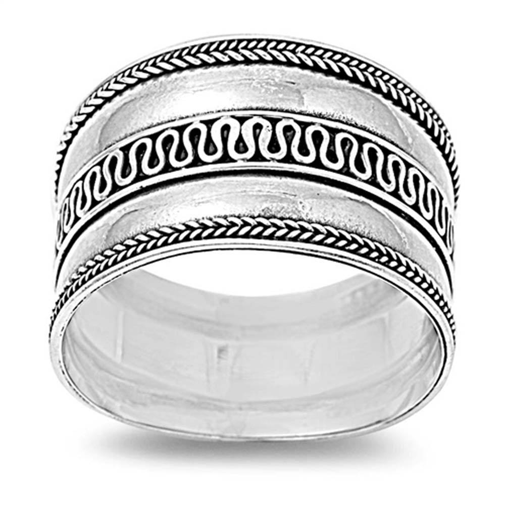 Sterling Silver Bali Tribal Eternal Curve Wide Band Ring with Face Height of 13MM