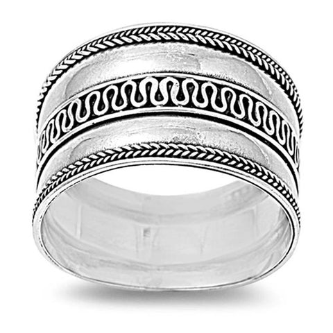 Sterling Silver Bali Tribal Eternal Curve Wide Band Ring with Face Height of 13MM