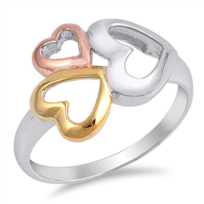 Sterling Silver Fancy Open Cut Triple Heart with Gold Plated And Rosegold Plated HeartAnd Face Height of 12MM