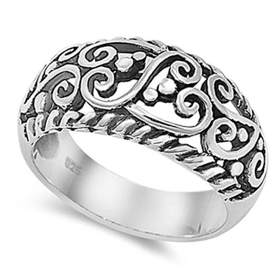 Sterling Silver Fancy Filigree Heart Design and Twisted Edge Wide Band Ring with Face Width of 11MM