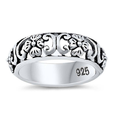 Sterling Silver Vintage Flower Design Band Ring with Face Width of 13MM