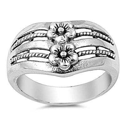 Sterling Silver Vintage Double Flower Ring and Fancy Design Wide Band Ring with Face Width of 13MM