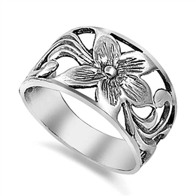Sterling Silver Trendy Plumeria Wide Band Ring with Face Height of 13MM
