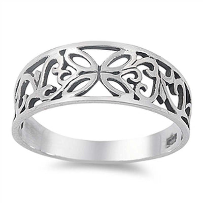 Sterling Silver Fancy Flower Design Band Ring with Face Height of 8MM