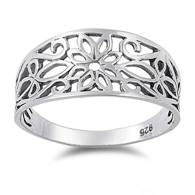 Sterling Silver Fancy Flower Design Wide Band Ring with Face Height of 10MM