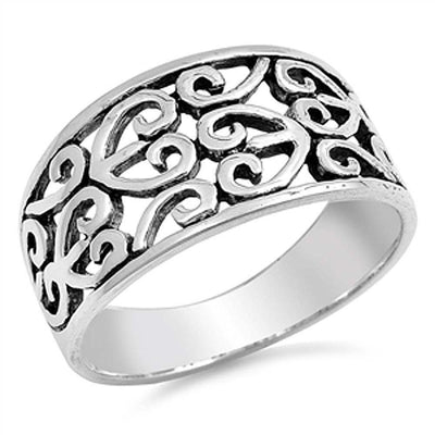 Sterling Silver Fancy Multiple Heart Wide Band Ring with Face Height of 11MM