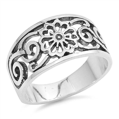 Sterling Silver Stylish Flower and Vine Wide Band Ring with Face Height of 10MM