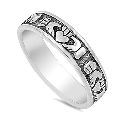 Sterling Silver Modish Carved Claddagh Band Ring with Face Height of 6MM