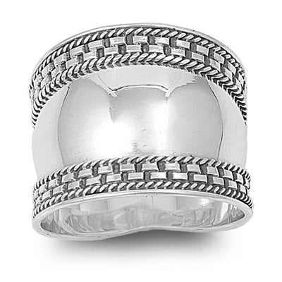 Sterling Silver Vintage Bali-Bohemian Style Wide Band Ring with Face Height of 18MM