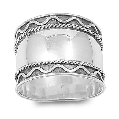 Sterling Silver Bali Wavy and Twisted Edge Wide Band Ring with Face Height of 17MM