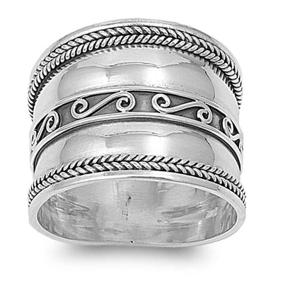 Sterling Silver Bali Spiral and Rope Edge Design Wide Band RingAnd Face Height of 18MM