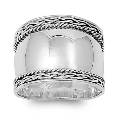 Sterling Silver Braided and Twisted Bali Wide Band Ring with Face Height of 17MM